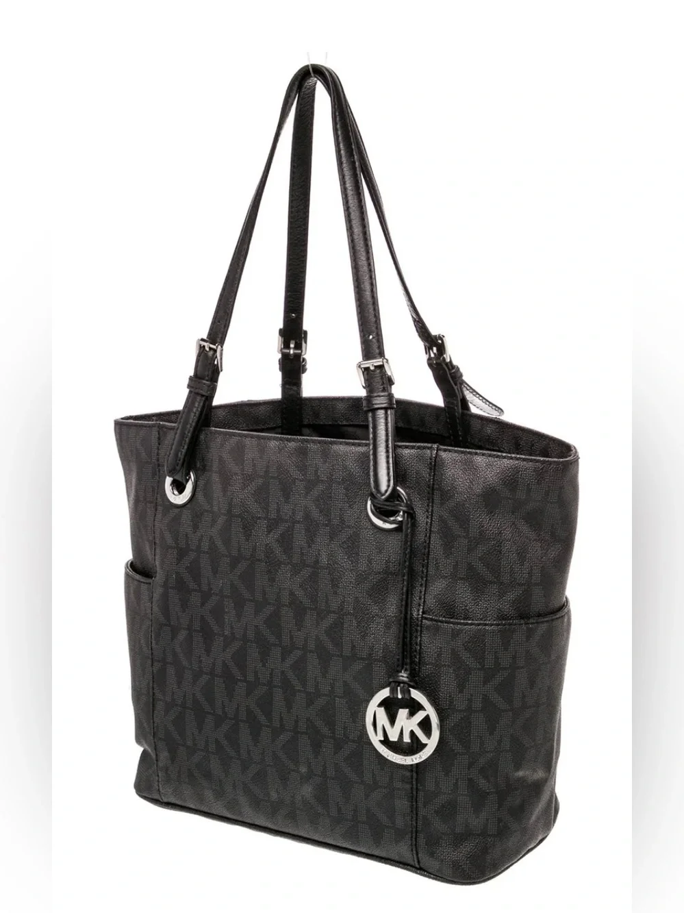 Michael Kors Black MK Monogram Tote with Silver Logo Charm